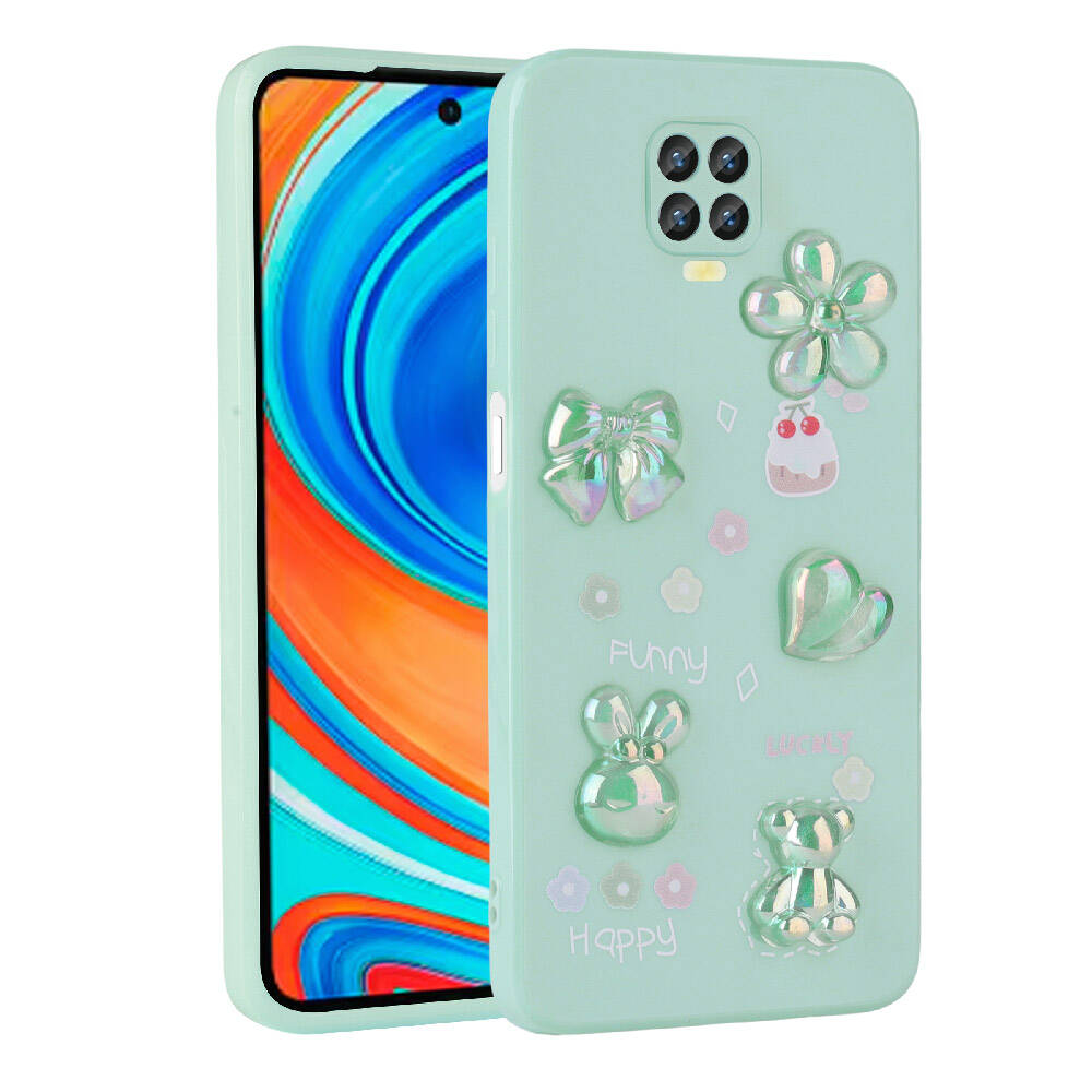 Xiaomi Redmi Note 9S Kılıf Kabartma Figürlü Parlak Zore Toys Silikon Kapak Açık Yeşil