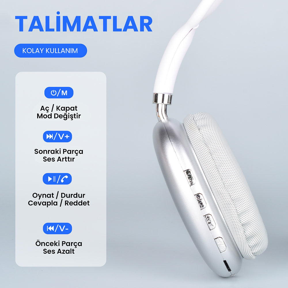 Zore P9 Hi-Fi Ses Kalitesi Ayarlanabilir ve Katlanabilir Kulak Üstü Bluetooth Kulaklık Mavi