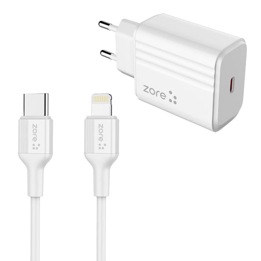 Zore Play Serisi PL2 Type-C to Lightning 2in1 PD Seyahat Şarj Aleti 20W Beyaz