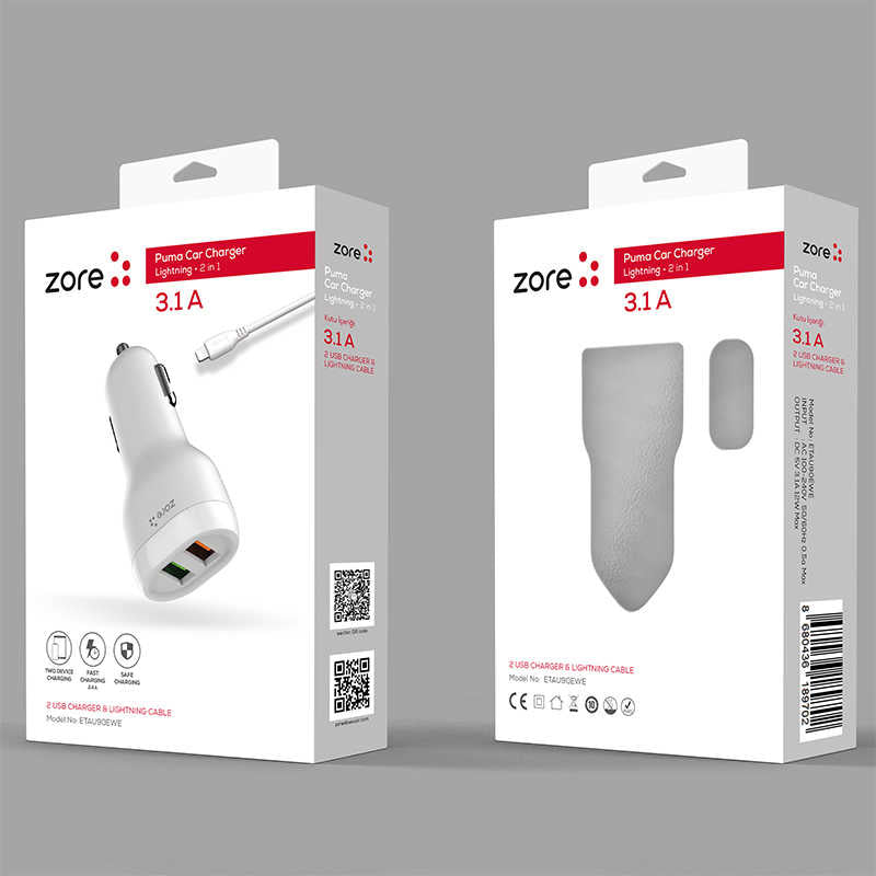 Zore Puma Serisi 2 in 1 Type-C Araç Şarj Aleti Beyaz